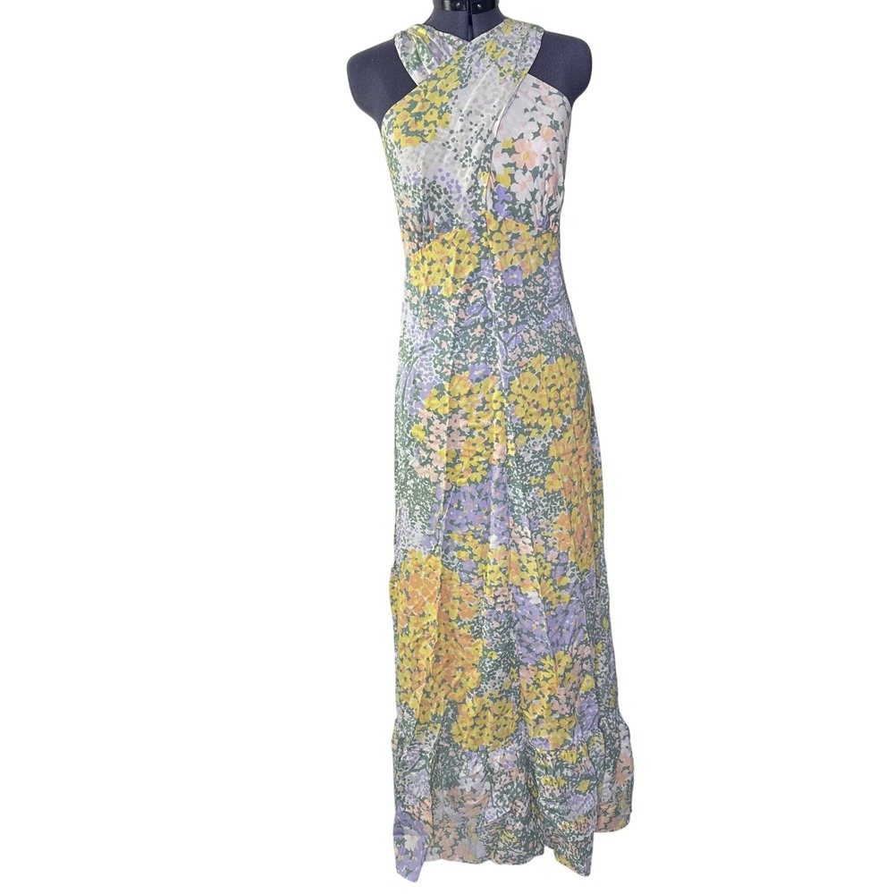 Vintage 70s Keyloun Floral Maxi Dress Criss Cross Halter Ruffle‎ Hem Boho Yellow